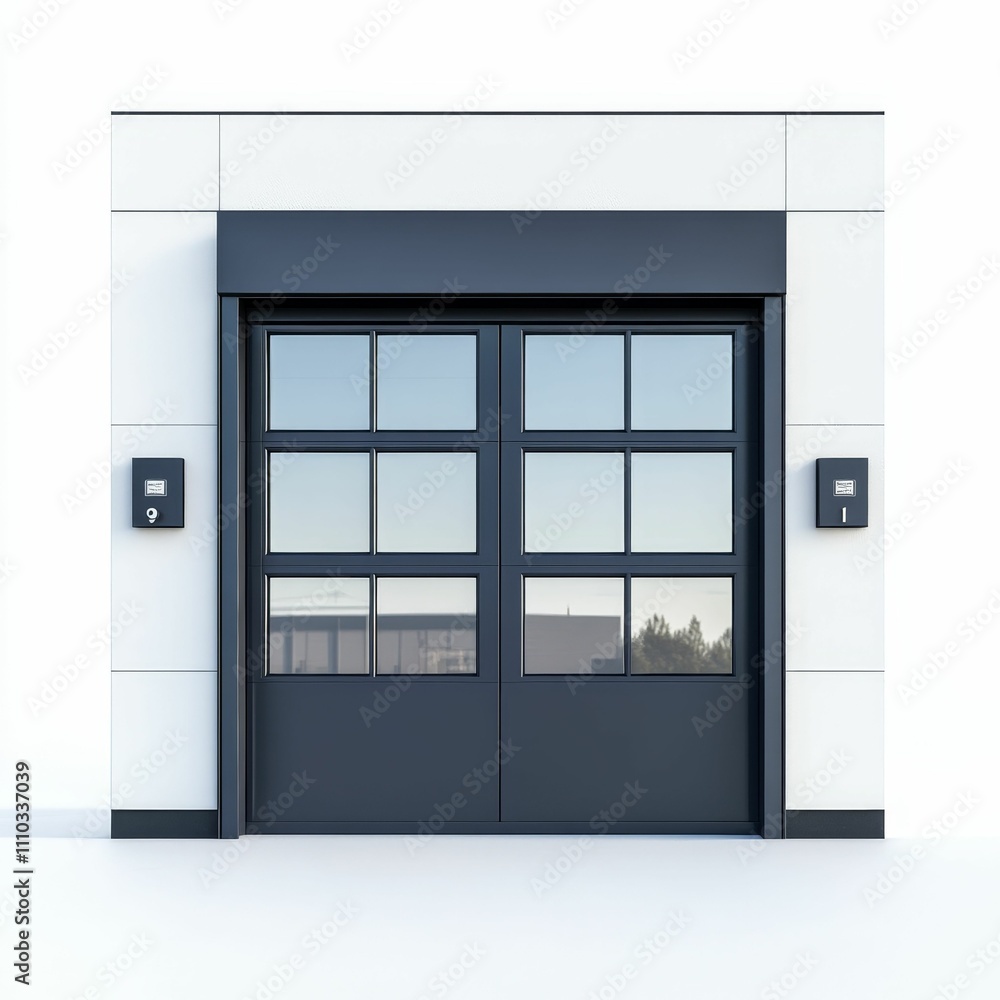 Modern building, dark gray door, white wall. Modern building, dark gray door, white wall.