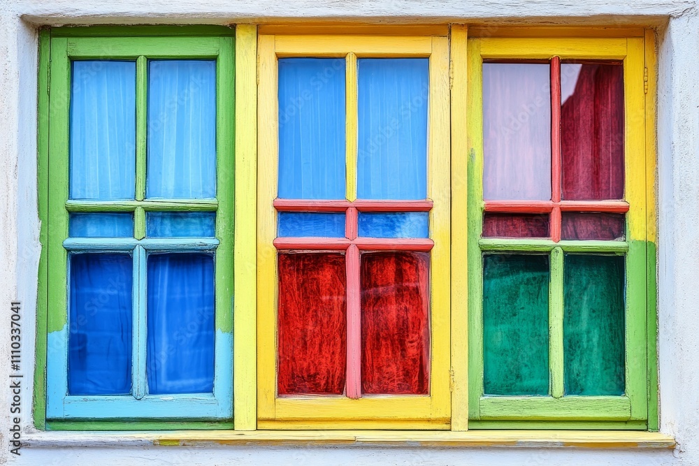 Colorful panes, painted wood frame, three windows. Colorful panes, painted wood frame, three windows.