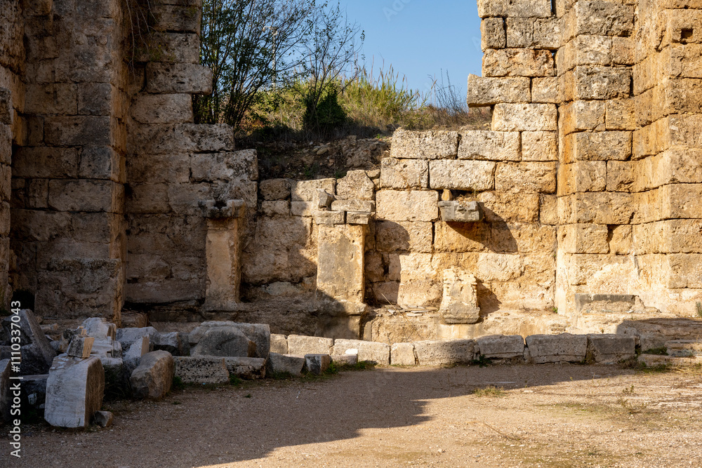 Rows of columns in Perge, Antalya, Turkey. Remains of colonnaded street in Pamphylian ancient city.Rows of columns in Perge, Antalya, Turkey. Ancient Kestros Fountain. Aksu, Antalya Rows of columns in Perge, Antalya, Turkey. Remains of colonnaded street in Pamphylian ancient city.Rows of columns in Perge, Antalya, Turkey. Ancient Kestros Fountain. Aksu, Antalya