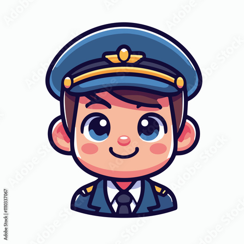 Vector image of a cute young pilot character smiling in uniform with blue cap