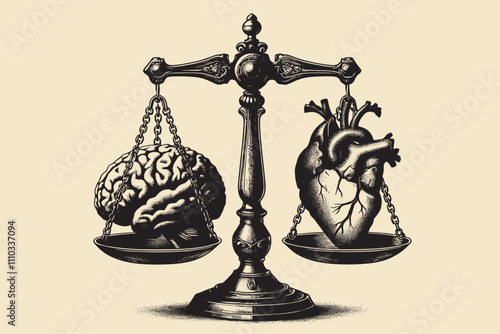 Brain and Heart on Antique Scales - Black and White Engraving Isolated on White Background, Symbolizing the Balance Between Intellect and Emotion
