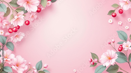 Pink flowers, berries, and green leaves arranged on a soft pink background. Elegant and minimal concept for nature and beauty themes