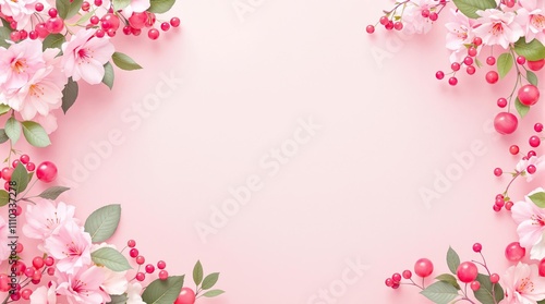 Pink flowers, berries, and green leaves arranged on a soft pink background. Elegant and minimal concept for nature and beauty themes