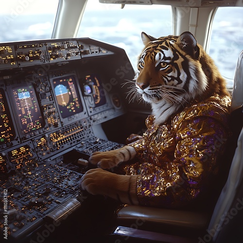 A proud tiger dressed as a pilot, preparing for takeoff in the cockpit of an airplane