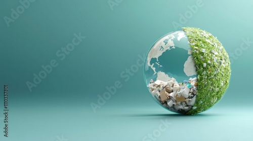 A striking concept image of Earth half-covered with waste and greenery, symbolizing environmental challenges and the need for sustainable action. photo