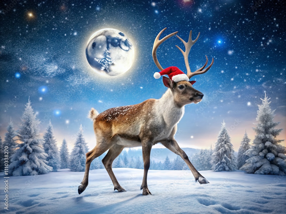 Humorous Night Photography of a Reindeer in a Santa Hat Frolicking in the Snow Under a Starry Sky, Perfect for Holiday Greetings and Seasonal Promotions Humorous Night Photography of a Reindeer in a Santa Hat Frolicking in the Snow Under a Starry Sky, Perfect for Holiday Greetings and Seasonal Promotions
