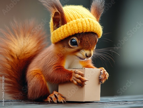An excited squirrel in a delivery uniform, holding a package in a bustling city street