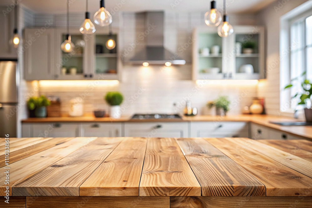 Rustic kitchen island countertop with blurred background. Rustic kitchen island countertop with blurred background.