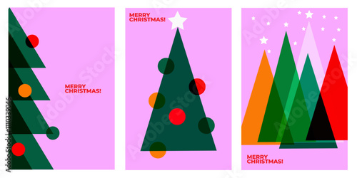 A set of three minimalist, geometric Christmas cards featuring abstract Christmas trees in various colors. The design is modern and festive, perfect for holiday greetings.