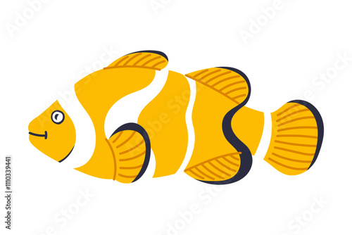 Cartoon aquarium clown fish. Cute tropical red sea fish in doodle style. Isolated vector illustration in white background.