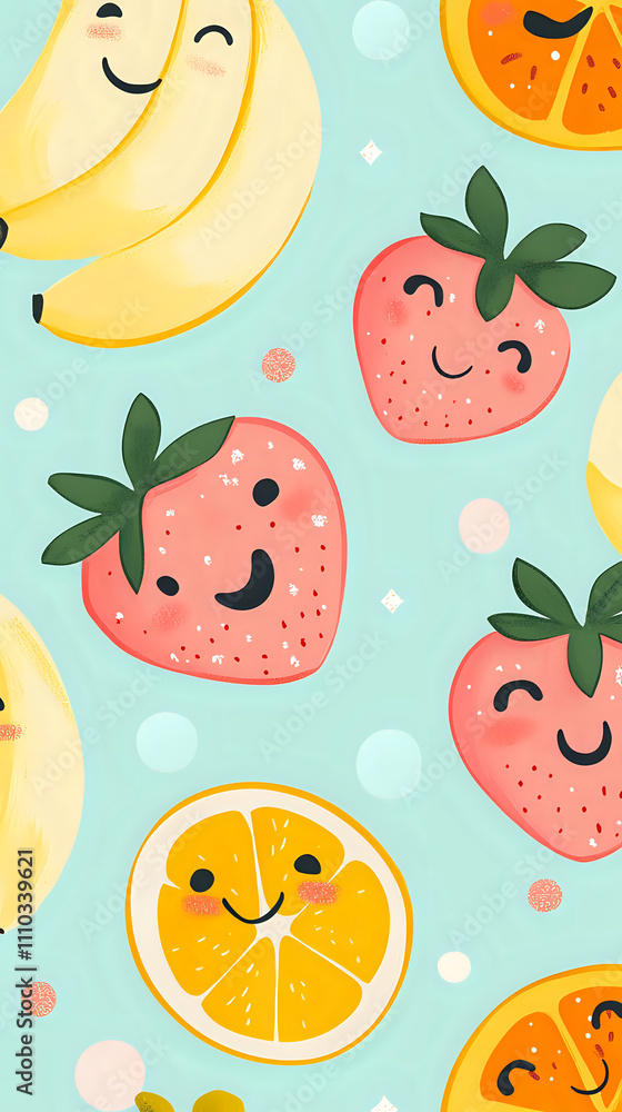 Cheerful Kawaii Fruit Design with Smiling Bananas Strawberries and Oranges Cheerful Kawaii Fruit Design with Smiling Bananas Strawberries and Oranges