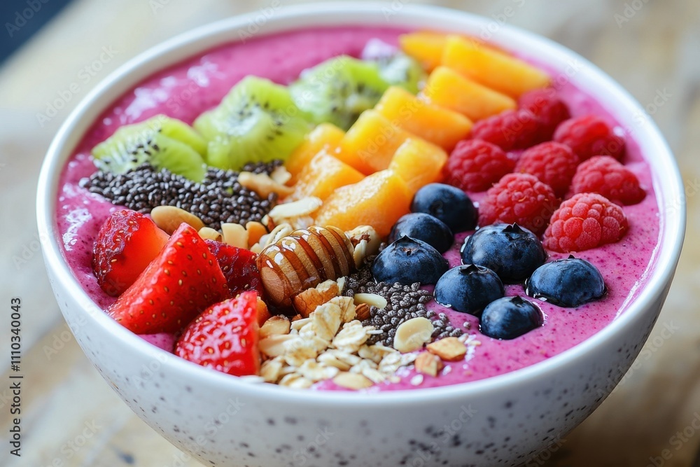 A colorful smoothie bowl topped with fresh fruits, nuts, seeds, and a drizzle of honey, showcasing a delicious and nutritious start to the day, full of vitamins, minerals, and natural sweetness A colorful smoothie bowl topped with fresh fruits, nuts, seeds, and a drizzle of honey, showcasing a delicious and nutritious start to the day, full of vitamins, minerals, and natural sweetness