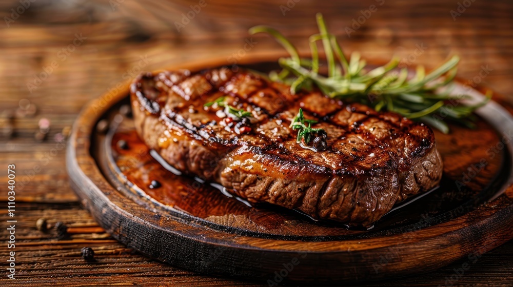 A succulent grilled steak garnished with herbs, served on a rustic wooden plate, emphasizing its rich textures and flavors. A succulent grilled steak garnished with herbs, served on a rustic wooden plate, emphasizing its rich textures and flavors.