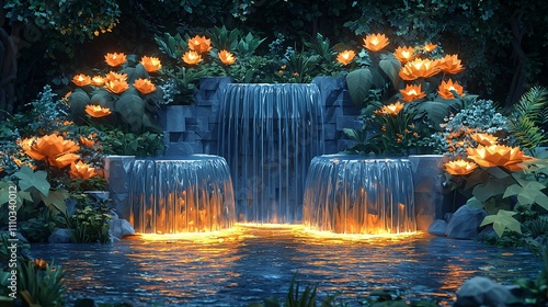 Stylized low poly botanical garden with luminous floral features and cascading waterfalls