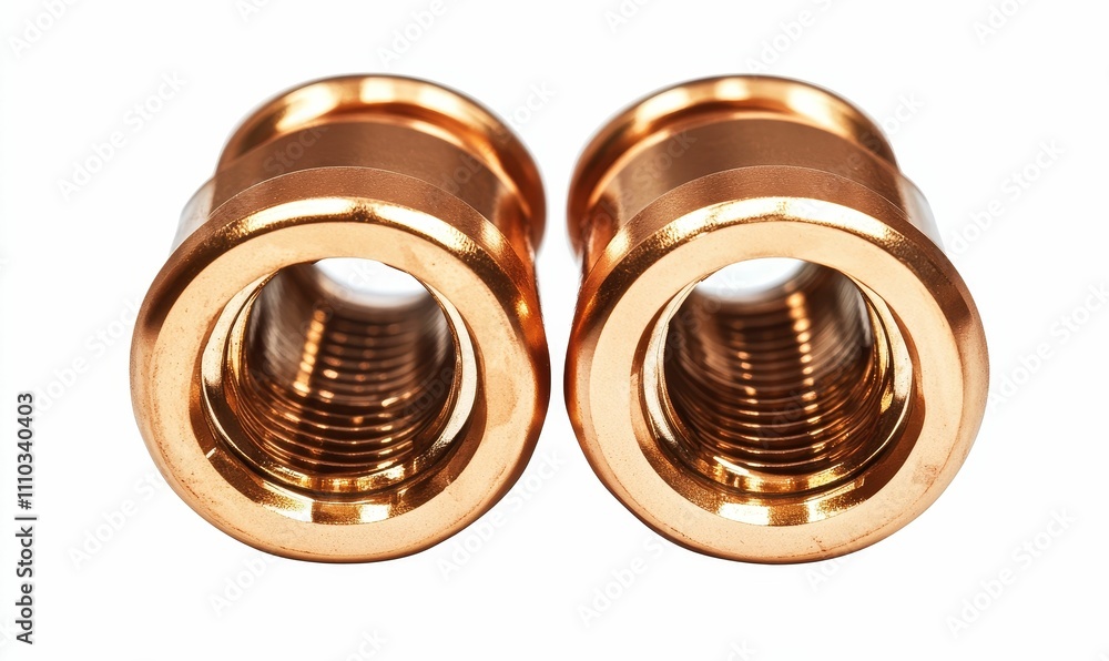 Two metallic cylindrical objects with internal threads.