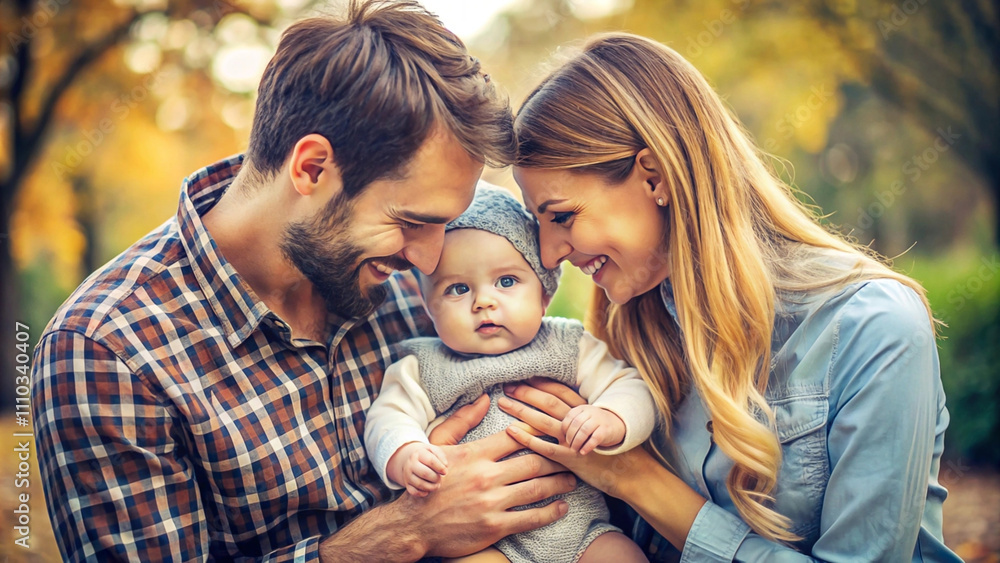 Here's a and keyword list for your image.. Happy family of three in autumn park. Here's a and keyword list for your image.. Happy family of three in autumn park.