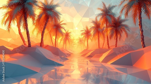 Low poly desert mirage with palm trees and a reflective river at sunset photo