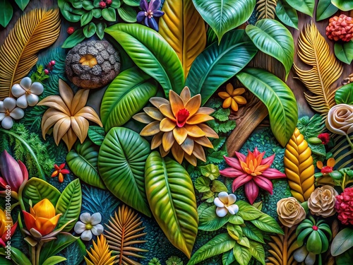 Wallpaper Mural Intricate Volumetric Stucco Panel Showcasing Tropical Foliage and Colorful Blooms for Botanical and Decorative Themes Torontodigital.ca