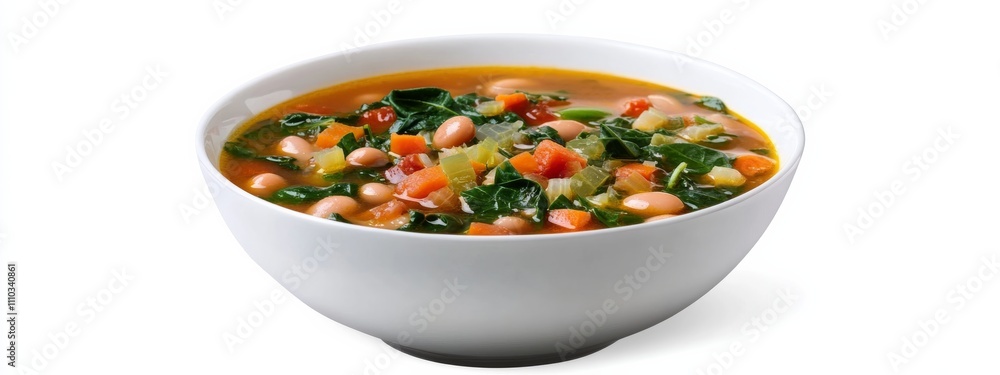 A bowl of hearty vegetable soup with beans and spinach, isolated white background, hyperrealism art style A bowl of hearty vegetable soup with beans and spinach, isolated white background, hyperrealism art style