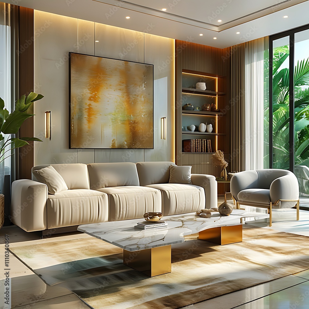 Chic Living Room Modern Art Greenery Views Lighting Chic Living Room Modern Art Greenery Views Lighting