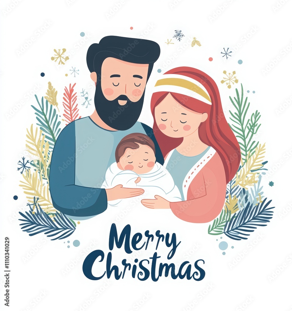 Merry Christmas card with family, Mary and Joseph in traditional , hold baby Jesus in their arms. Merry Christmas card with family, Mary and Joseph in traditional , hold baby Jesus in their arms.