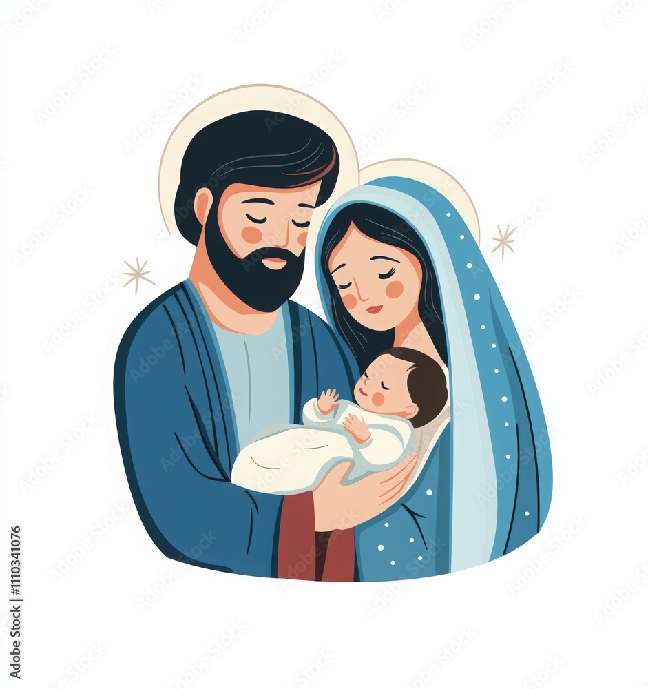 Merry Christmas card with family, Mary and Joseph in traditional , hold baby Jesus in their arms. Merry Christmas card with family, Mary and Joseph in traditional , hold baby Jesus in their arms.