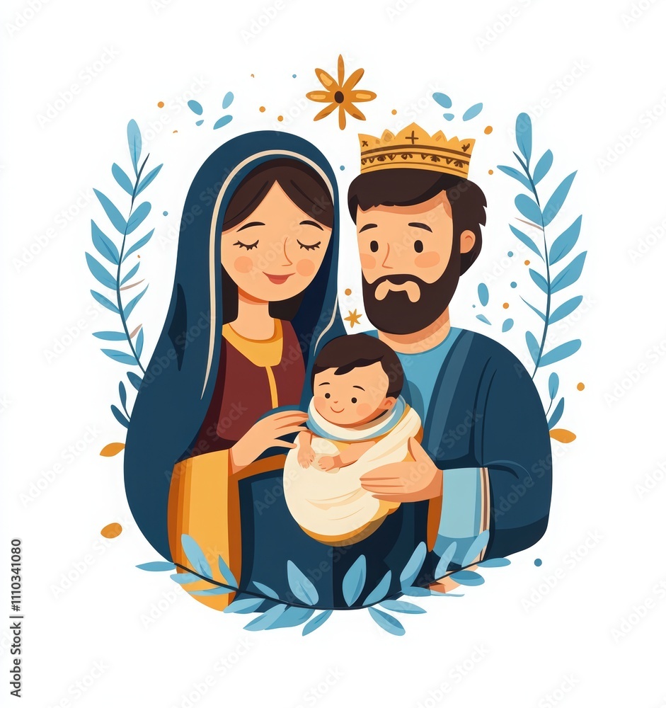 Merry Christmas card with family, Mary and Joseph in traditional , hold baby Jesus in their arms. Merry Christmas card with family, Mary and Joseph in traditional , hold baby Jesus in their arms.