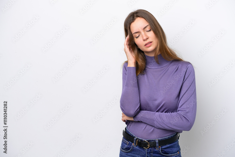 Young caucasian woman isolated on white background with headache Young caucasian woman isolated on white background with headache