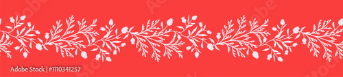 Christmas horizontal banner with berries and pine branches on a red background.  Decorative vector seamless border. Elegant winter botanical pattern for invitation, greeting card, cover, packaging