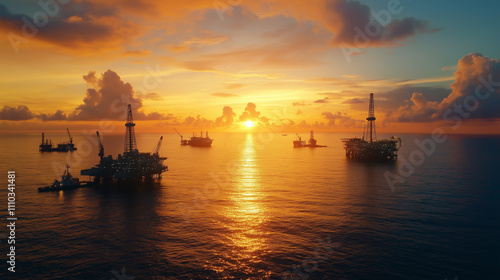 Energy dominance oil global concept. A scenic image showcasing oil rigs in a vast ocean landscape during sunset, capturing a blend of nature and industry. photo