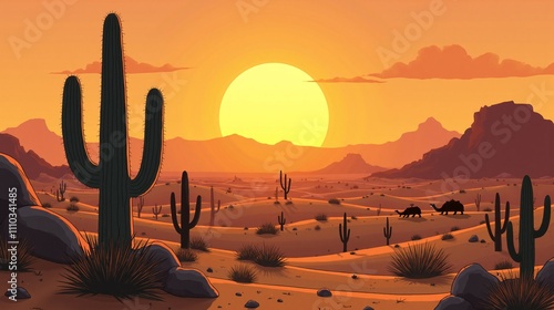 A desert landscape with cacti, a sunset, and a distant caravan.