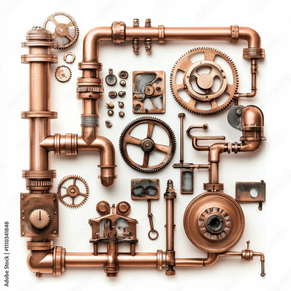 Fototapeta premium Copper pipes, gears, and clockwork components arranged.