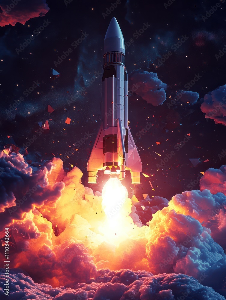 Fototapeta premium Blasts off space rocket from cosmodrom, polygonal style 3D Render