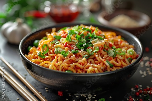 Hot and Spicy Instant Noodles with Chili Peppers and Cilantro