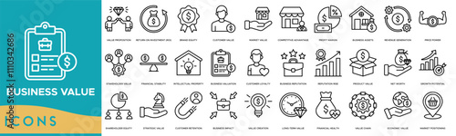 Business value icon. Value Proposition, Return on Investment, Brand Equity, Customer Value and Market Value