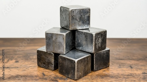 A collection of small metal cubes stacked into a tower