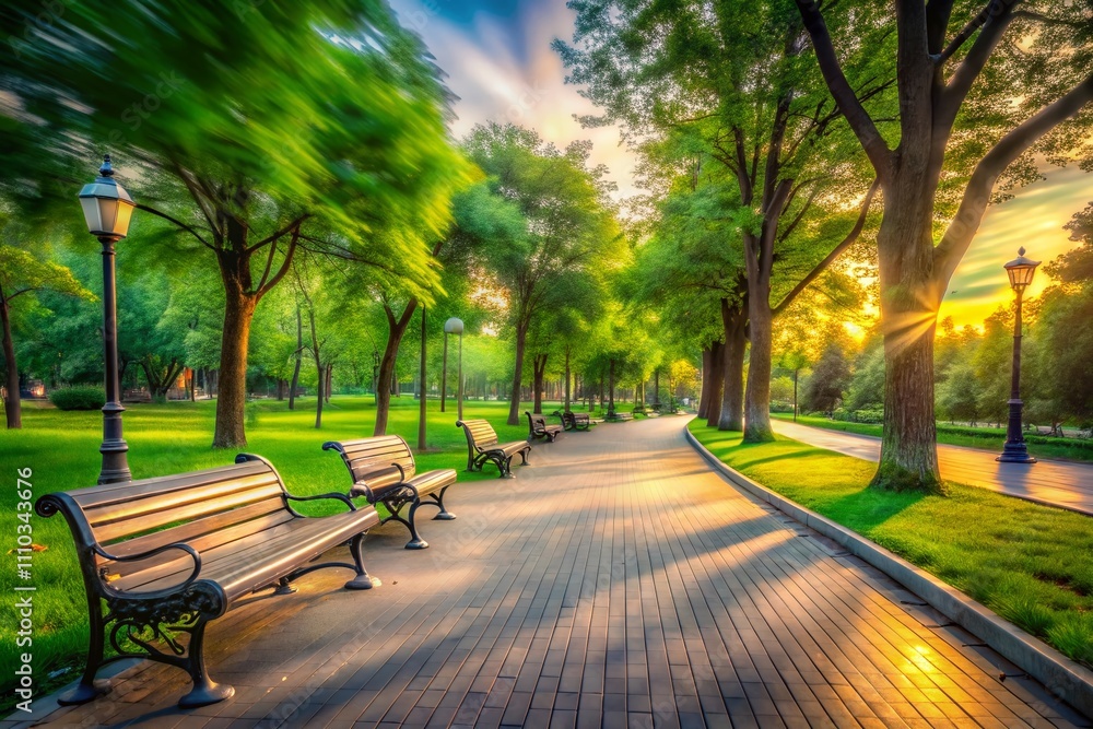 Fototapeta premium Long Exposure of a Paved Path with Benches in a City Park, Showcasing a Serene Public Space for Outdoor Recreation and Relaxation Amidst a Calm Urban Environment