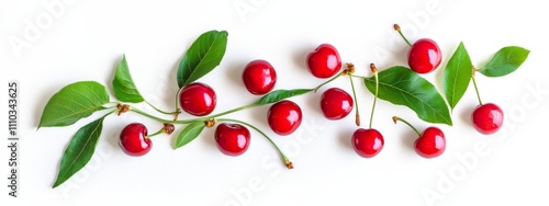 A bunch of ripe cherries with stems and leaves, isolated white background, minimalism art style