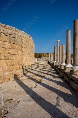 Rows of columns in Perge, Antalya, Turkey. Remains of colonnaded street in Pamphylian ancient city.Rows of columns in Perge, Antalya, Turkey. Ancient Kestros Fountain. Aksu, Antalya photo