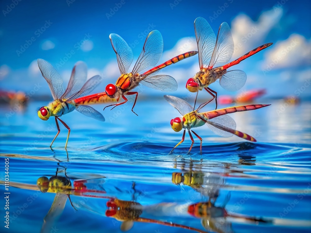Long Exposure of Mating Vagrant Darter Dragonflies Gracefully Flying Low Over Gentle Blue Water Surface with Small Waves Reflecting Nature's Beauty Long Exposure of Mating Vagrant Darter Dragonflies Gracefully Flying Low Over Gentle Blue Water Surface with Small Waves Reflecting Nature's Beauty