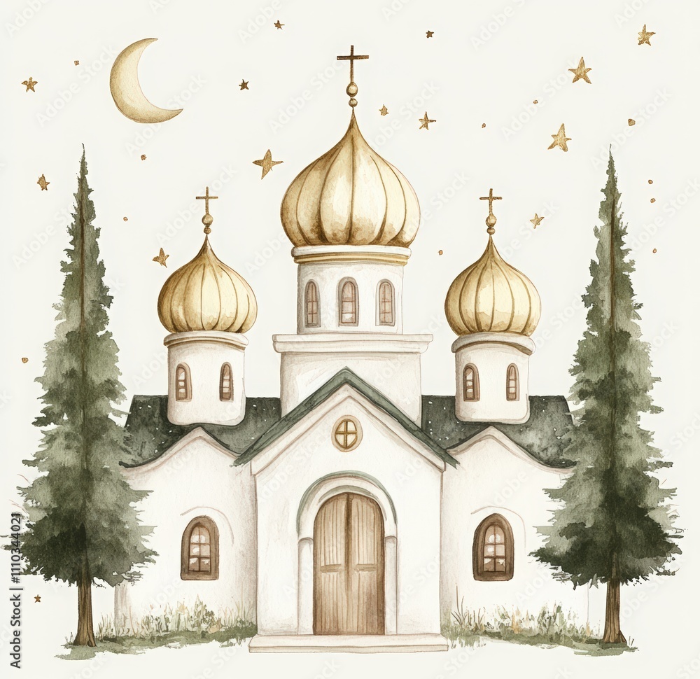 Obraz premium watercolor painting of a winter white Russian church with golden domes, stars, and a moon. Orthodox church surrounded by green Christmas trees