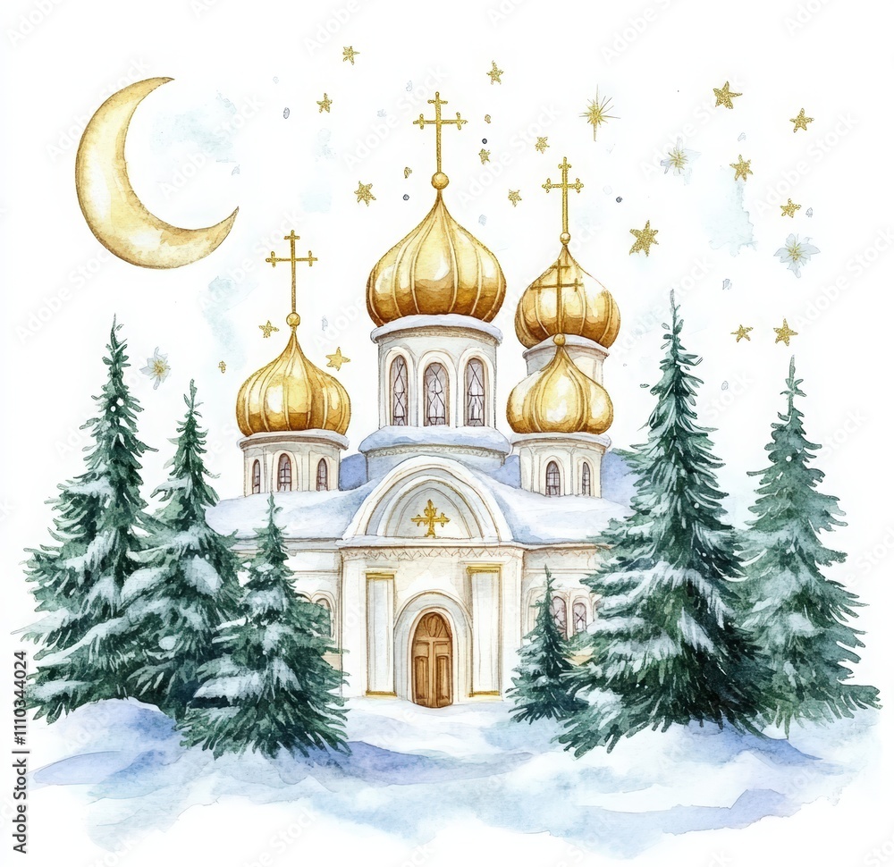 Fototapeta premium watercolor painting of a winter white Russian church with golden domes, stars, and a moon. Orthodox church surrounded by green Christmas trees
