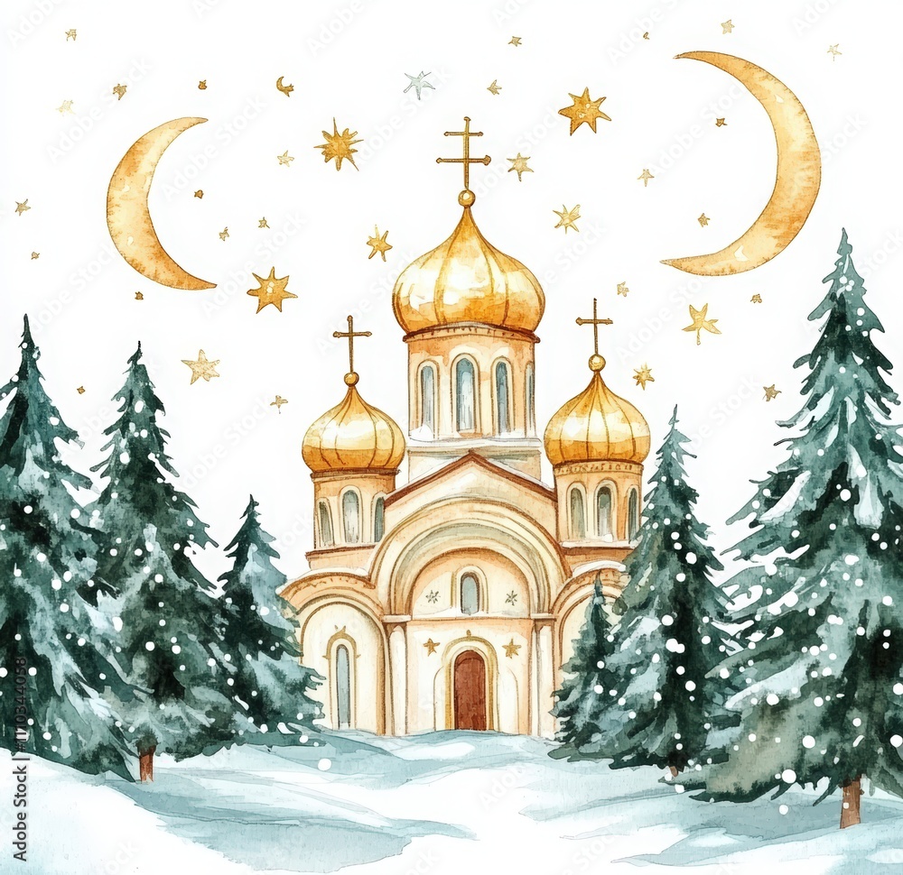 watercolor painting of a winter white Russian church with golden domes, stars, and a moon. Orthodox church surrounded by green Christmas trees watercolor painting of a winter white Russian church with golden domes, stars, and a moon. Orthodox church surrounded by green Christmas trees