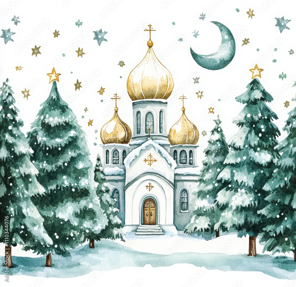 Fototapeta premium watercolor painting of a winter white Russian church with golden domes, stars, and a moon. Orthodox church surrounded by green Christmas trees