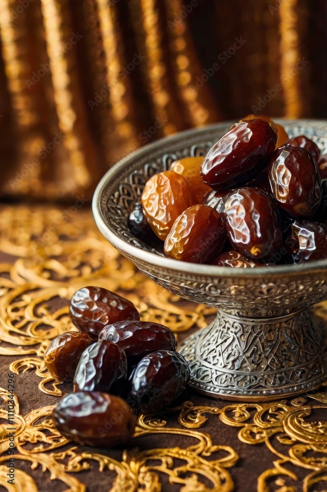 Arabian finest date fruits in an ornamental bowl with Islamic rosary. Beautiful Ramadan background. Classic arabic teacups and dates. Arabian finest date fruits in an ornamental bowl with Islamic rosary. Beautiful Ramadan background. Classic arabic teacups and dates.