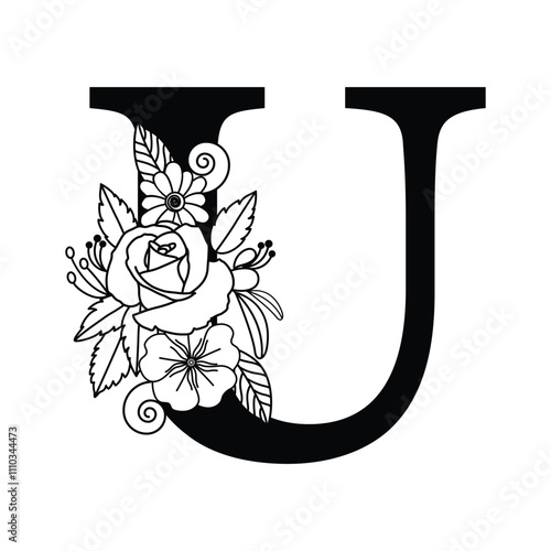 Decorative Floral Black and White Alphabet U Monogram with Flowers, Leaves, and Vines