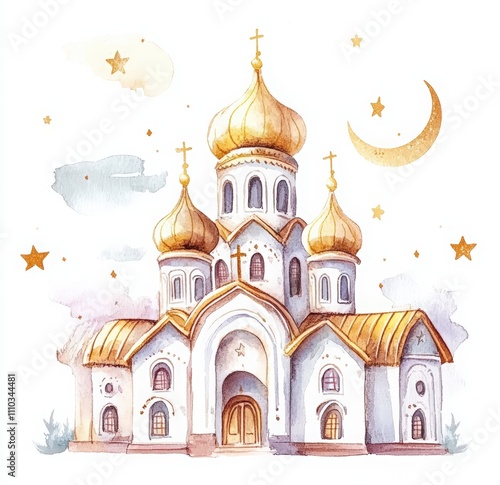 watercolor painting of a winter white Russian church with golden domes, stars, and a moon. Orthodox church surrounded by green Christmas trees