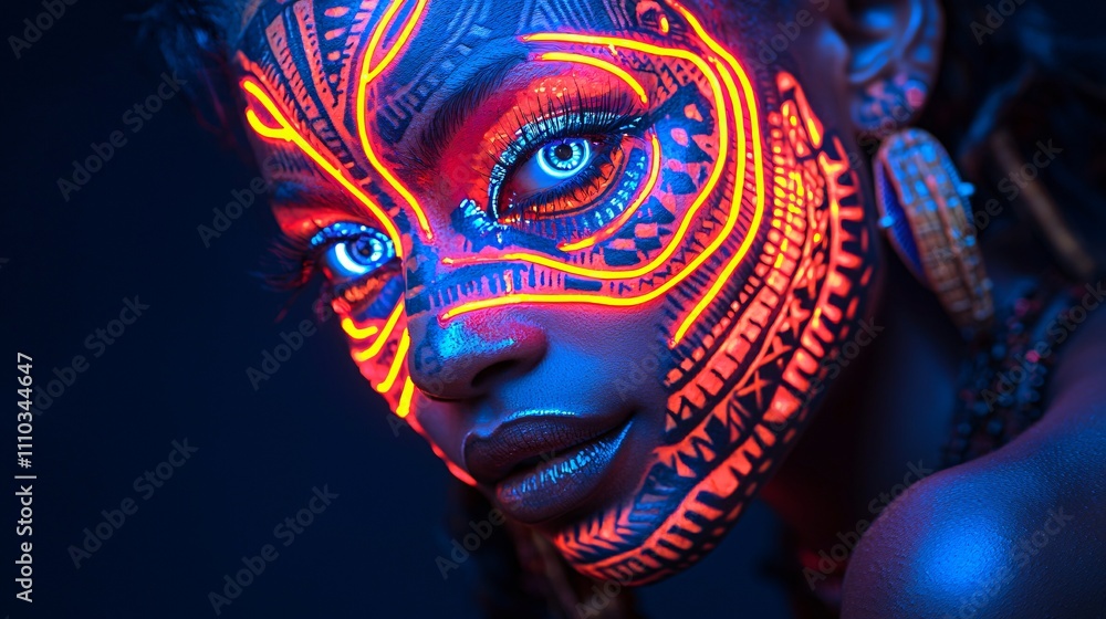 Neon tribal patterns illuminate a strikingly painted face with vibrant colors and intricate designs Neon tribal patterns illuminate a strikingly painted face with vibrant colors and intricate designs