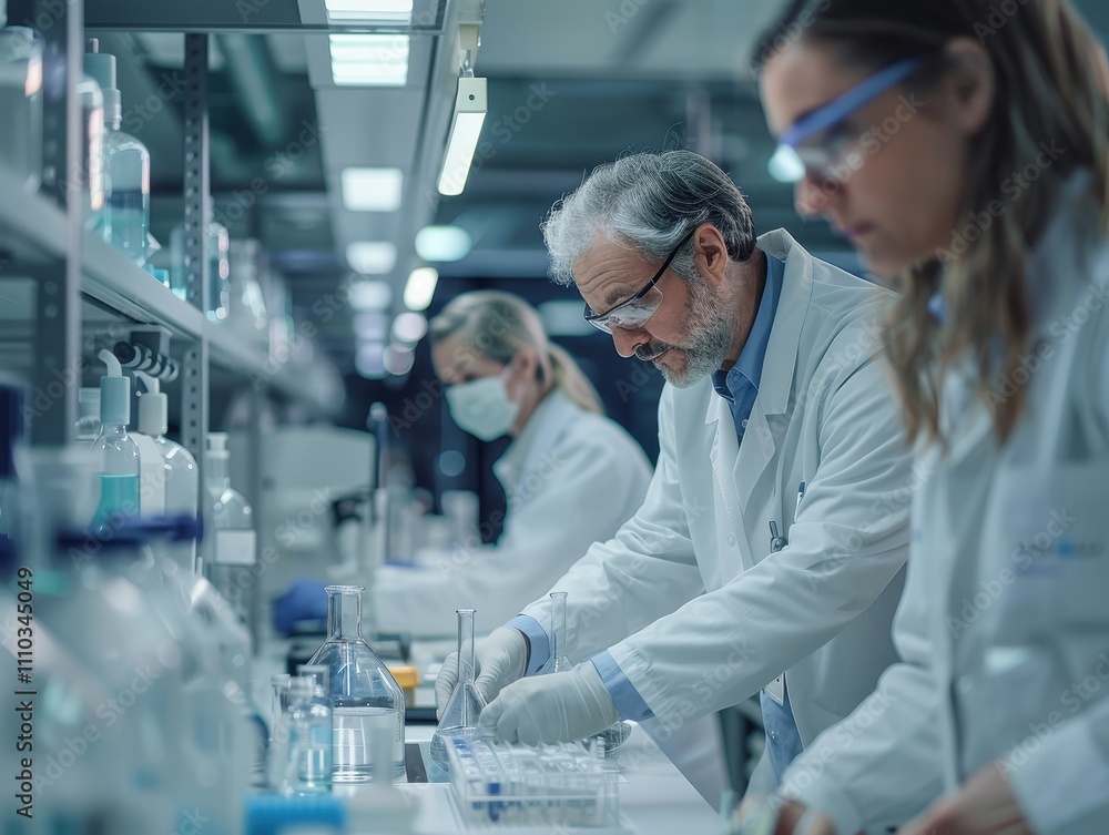 A laboratory scene featuring researchers in white coats conducting experiments with various lab equipment and supplies. A laboratory scene featuring researchers in white coats conducting experiments with various lab equipment and supplies.