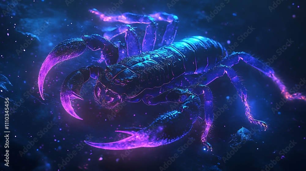 Neon Illuminated Scorpion Crawls Across Dark Surface Neon Illuminated Scorpion Crawls Across Dark Surface